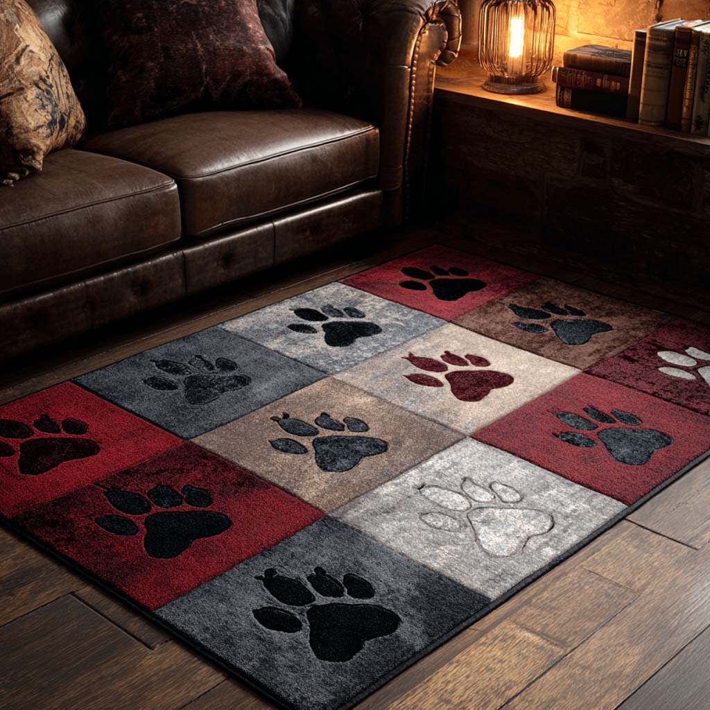 Rustic Dark Paw area rug in a living room