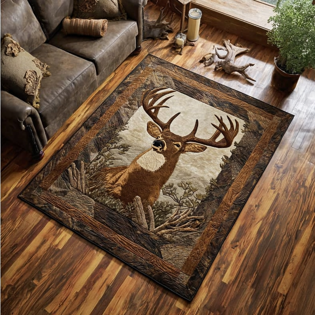 Rustic Deer area rug in a living room