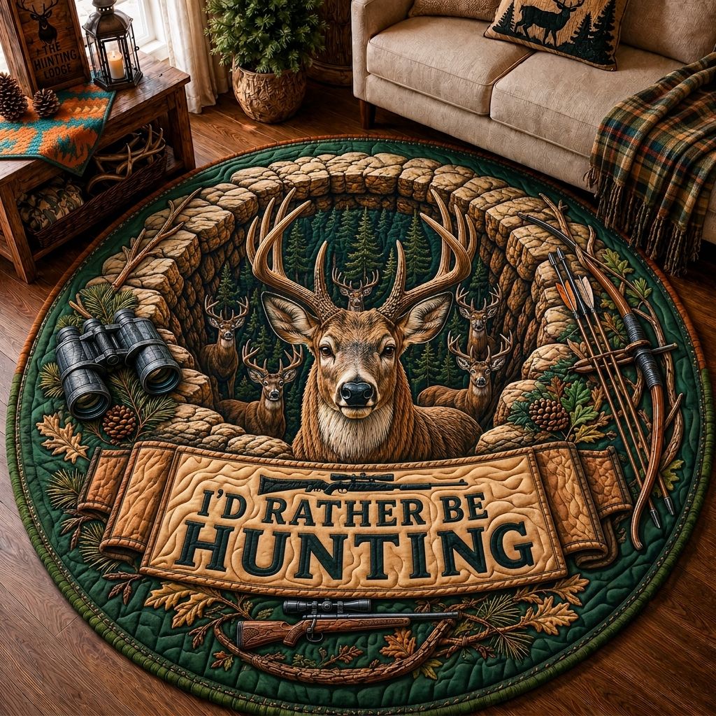Rustic Deer Hunting Round Mat Rug - Cute Animal Design | Charming Home Decor - washable non-slip printed rug