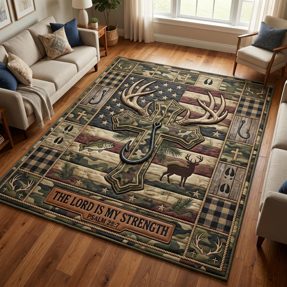 Rustic Faith area rug in a living room