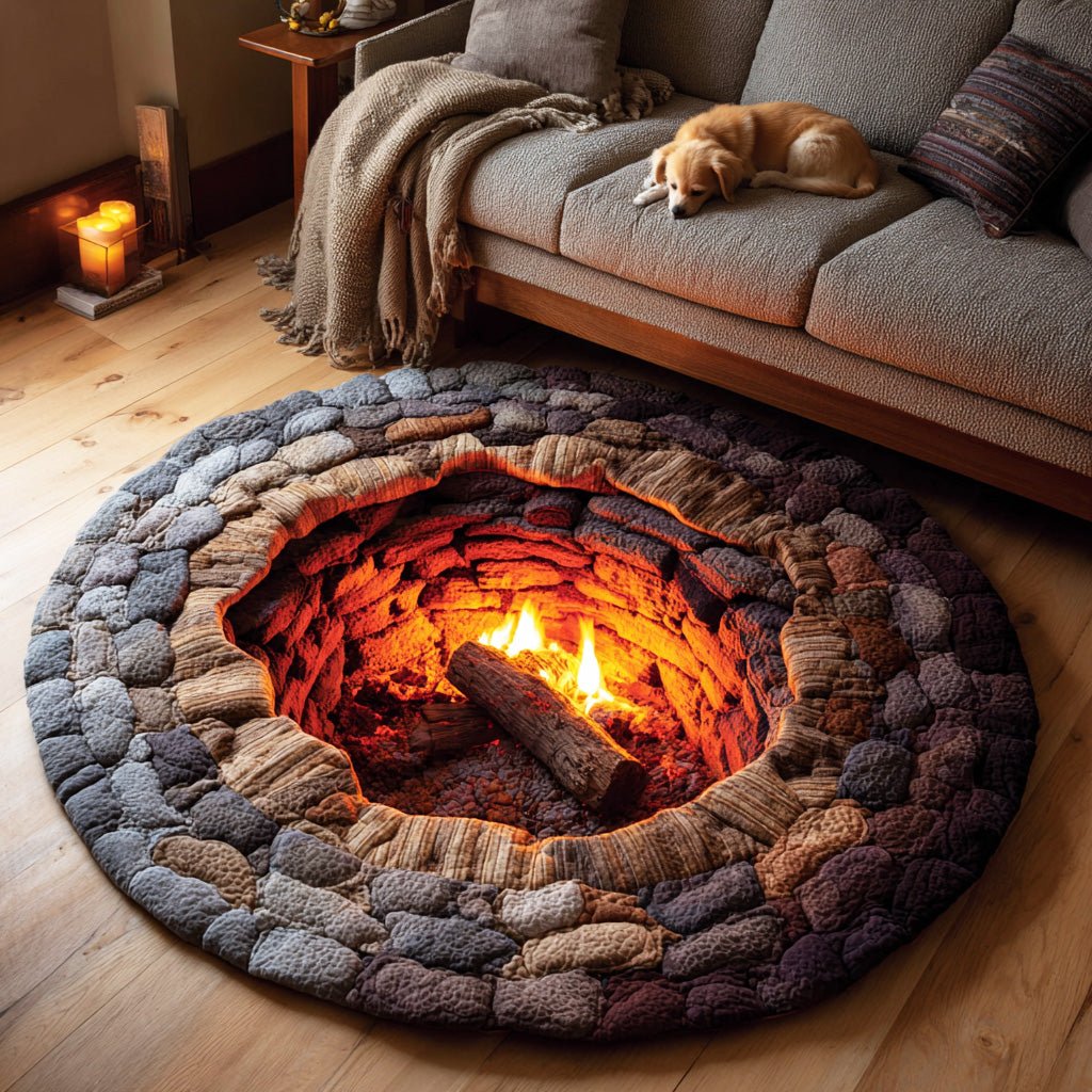 Rustic Fire Gathering Round Mat Rug - washable non-slip printed rug