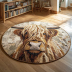 Rustic Highland Cow Round Mat Rug - washable non-slip printed rug