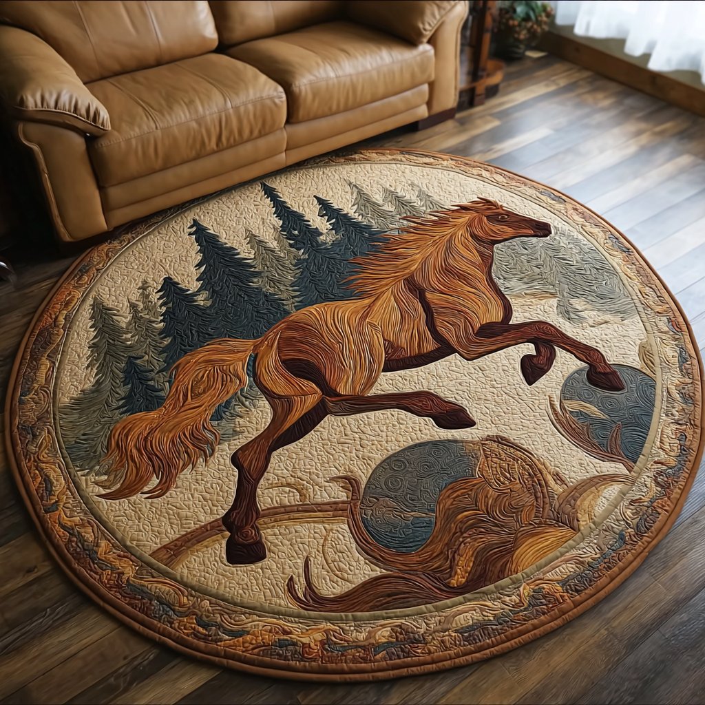 Rustic Horse Round Mat Rug - washable non-slip printed rug
