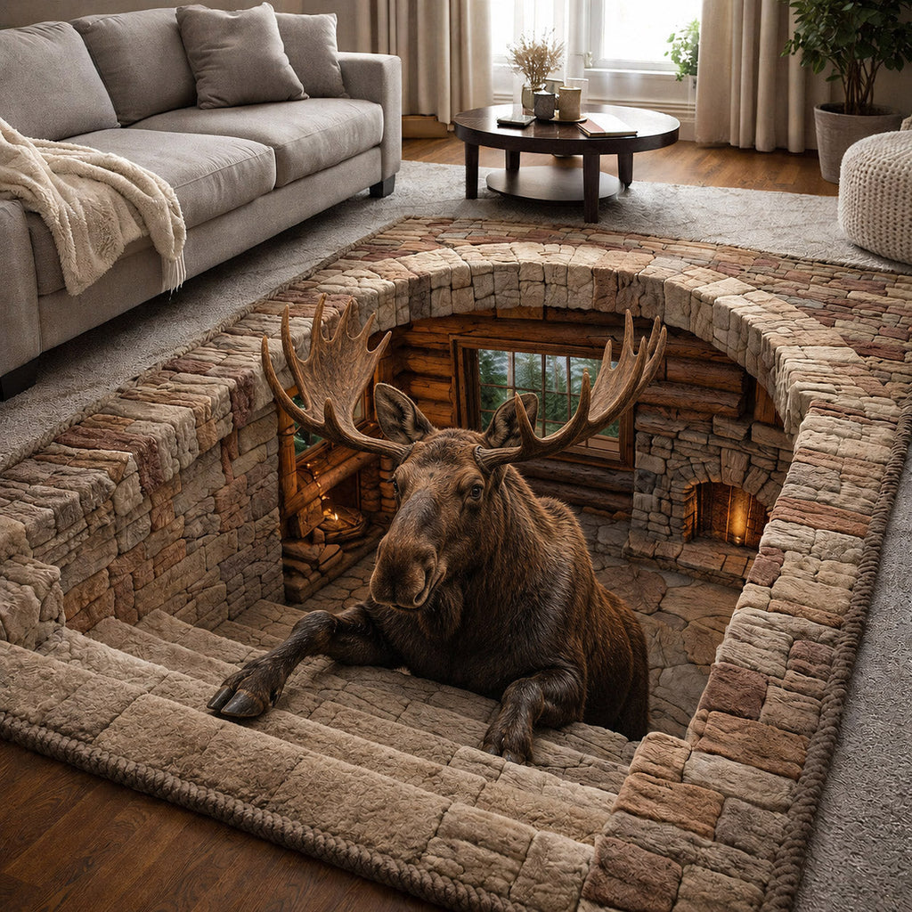 Rustic Moose area rug in a living room