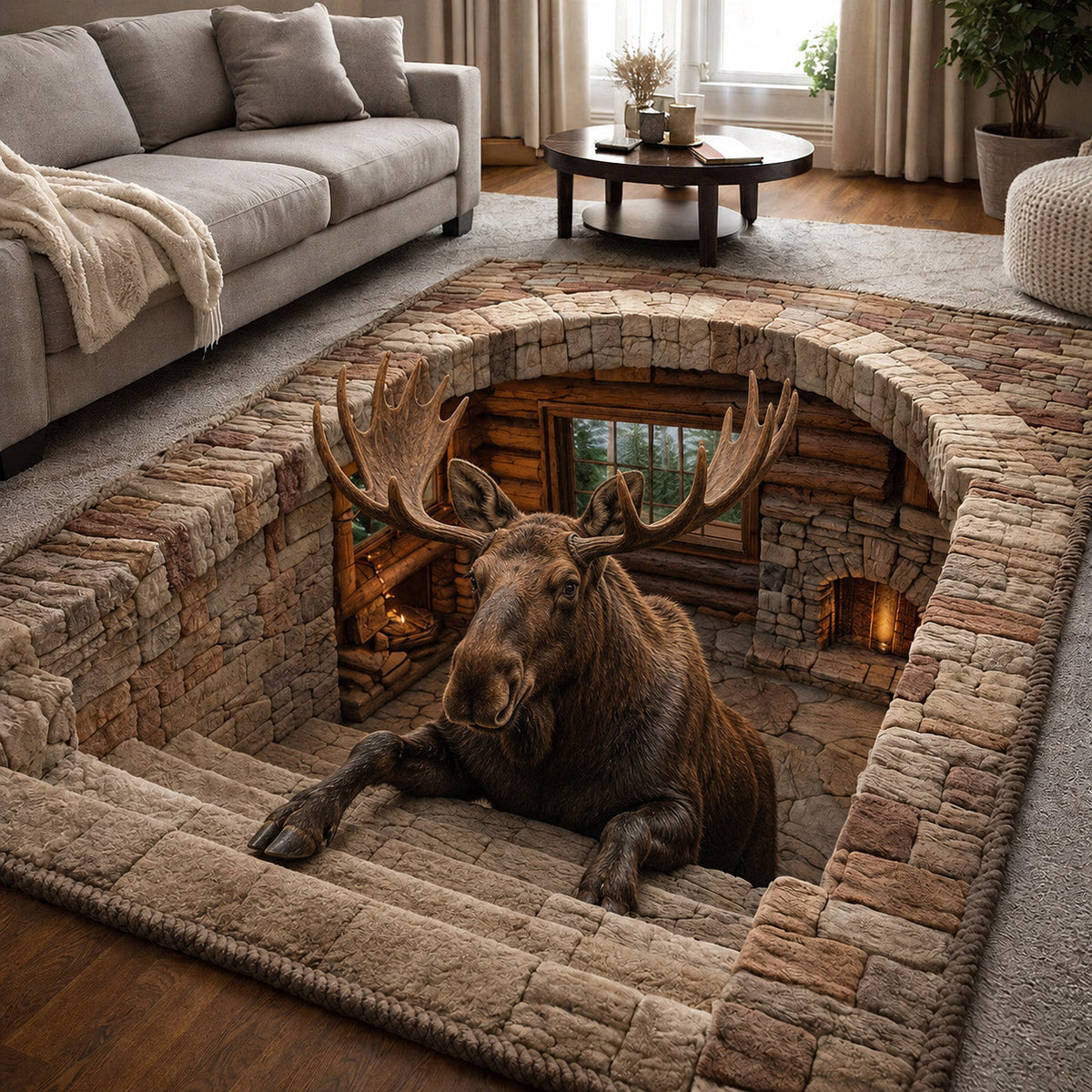 Rustic Moose area rug in a living room