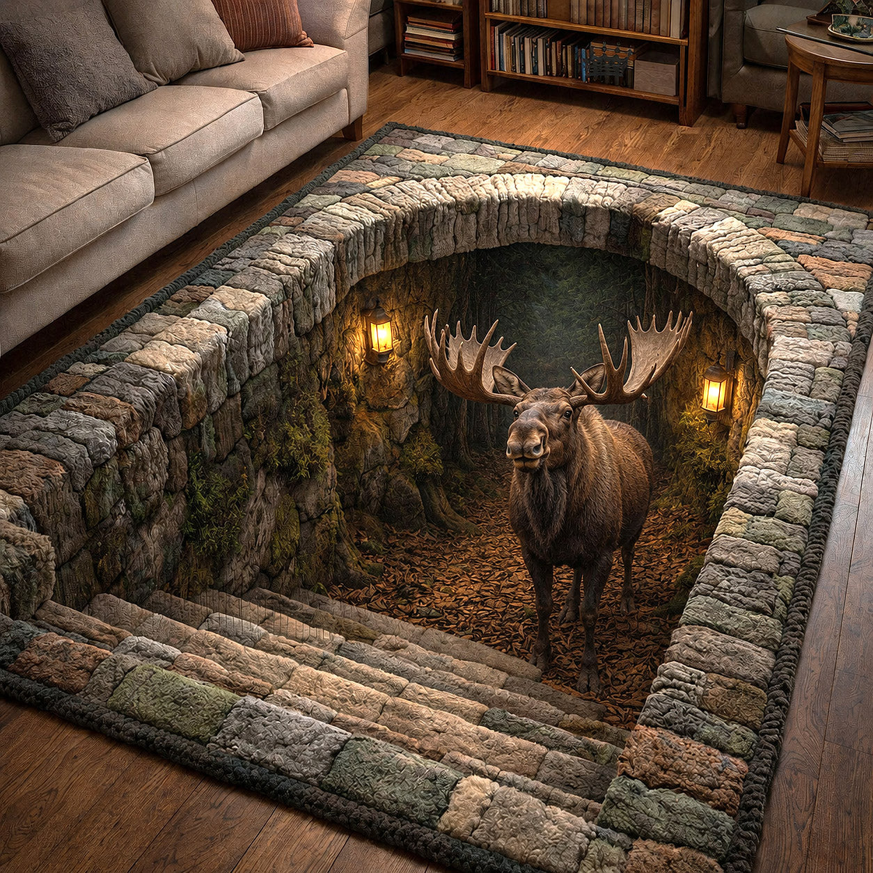 Rustic Moose area rug in a living room