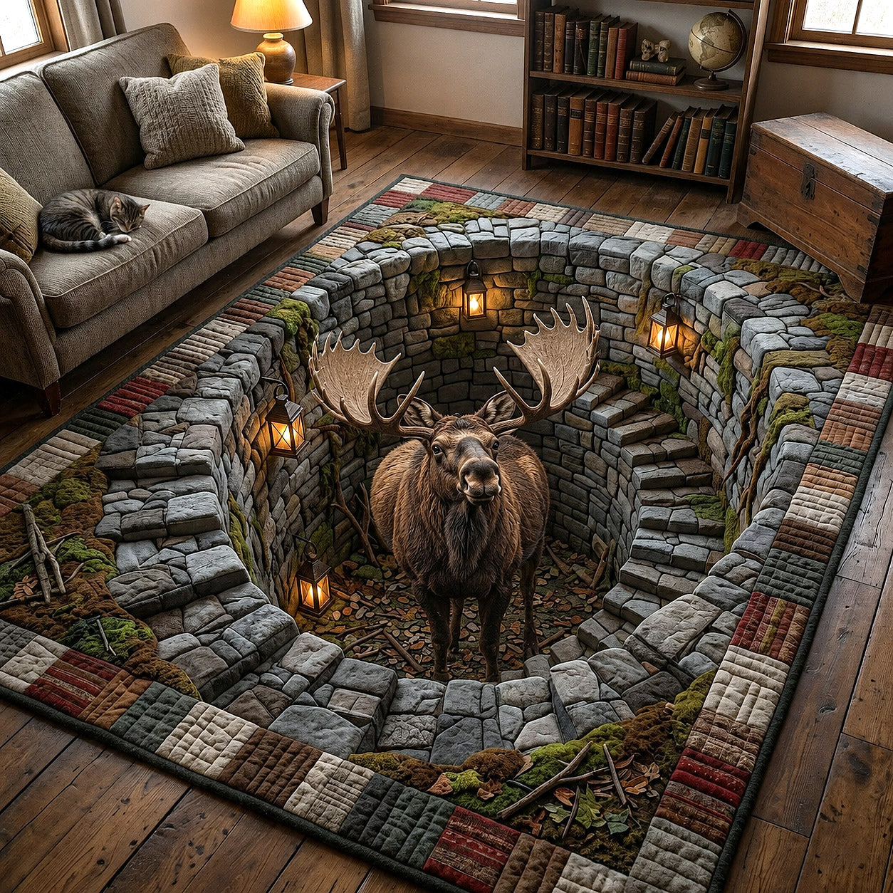 Rustic Moose area rug in a living room