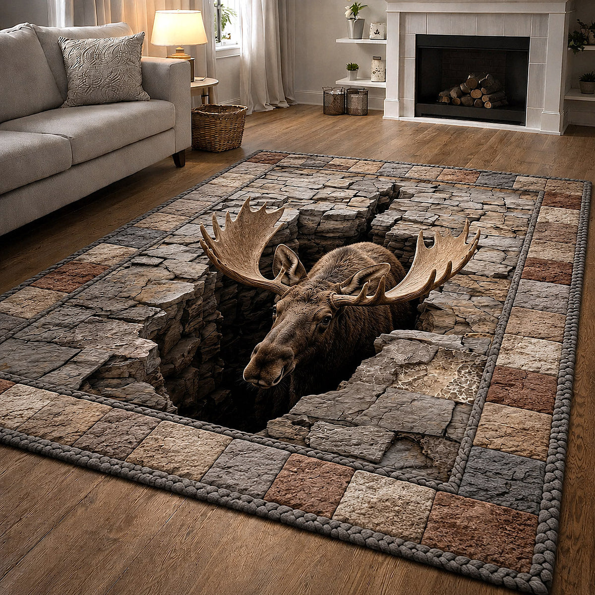 Rustic Moose area rug in a living room