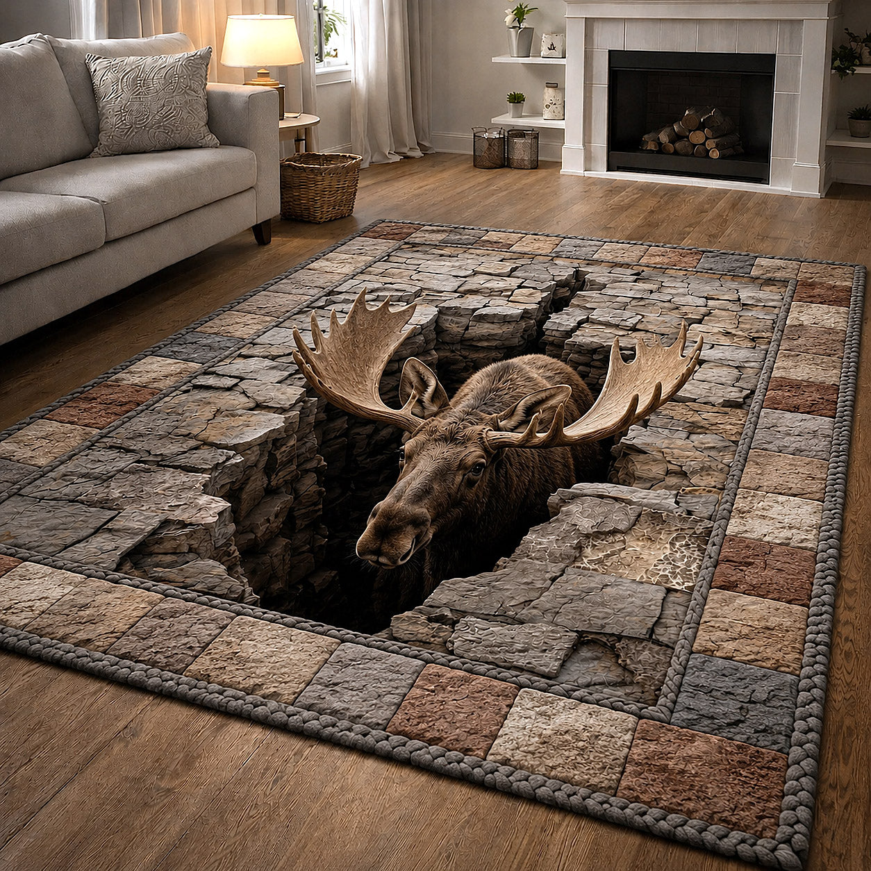 Rustic Moose area rug in a living room