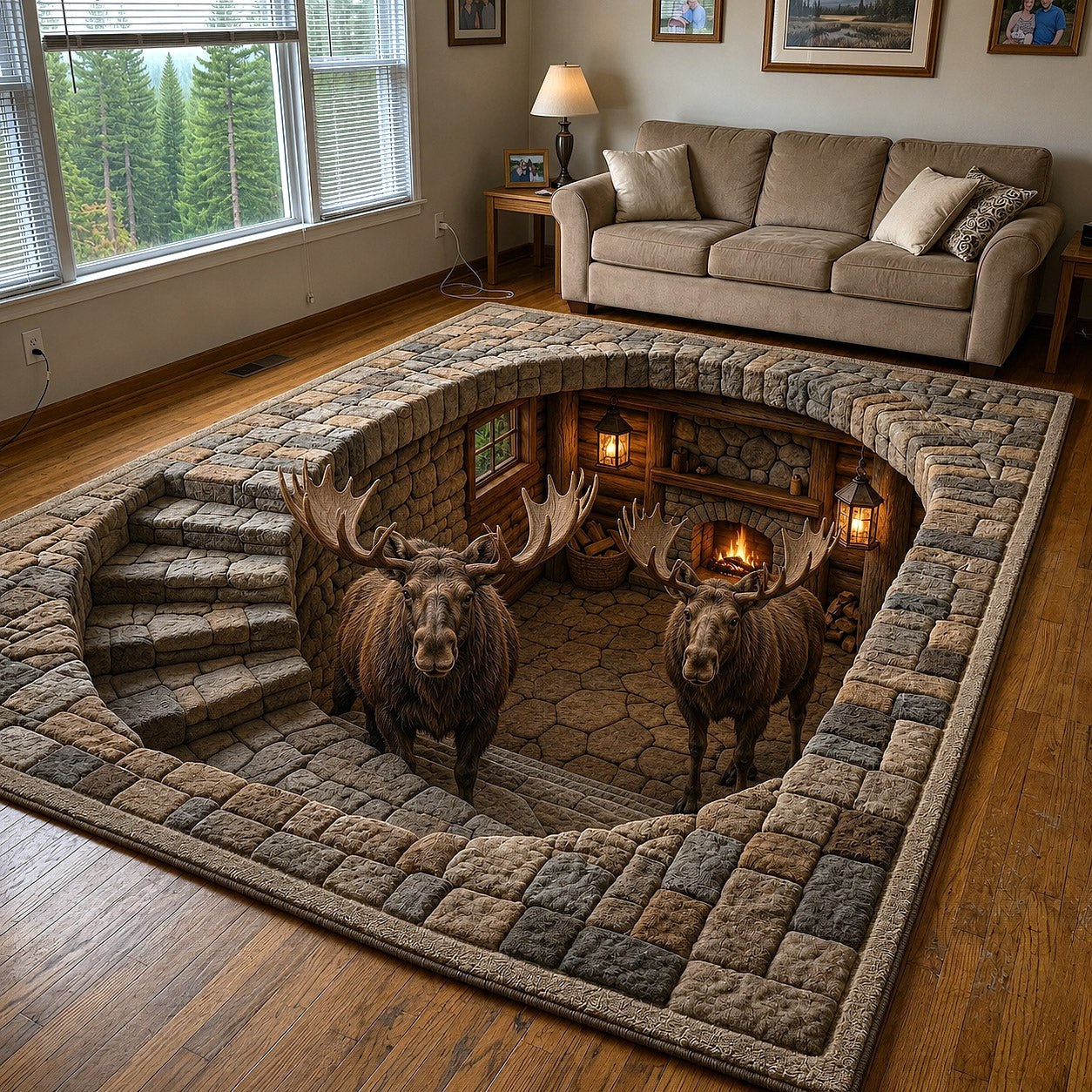 Rustic Moose area rug in a living room