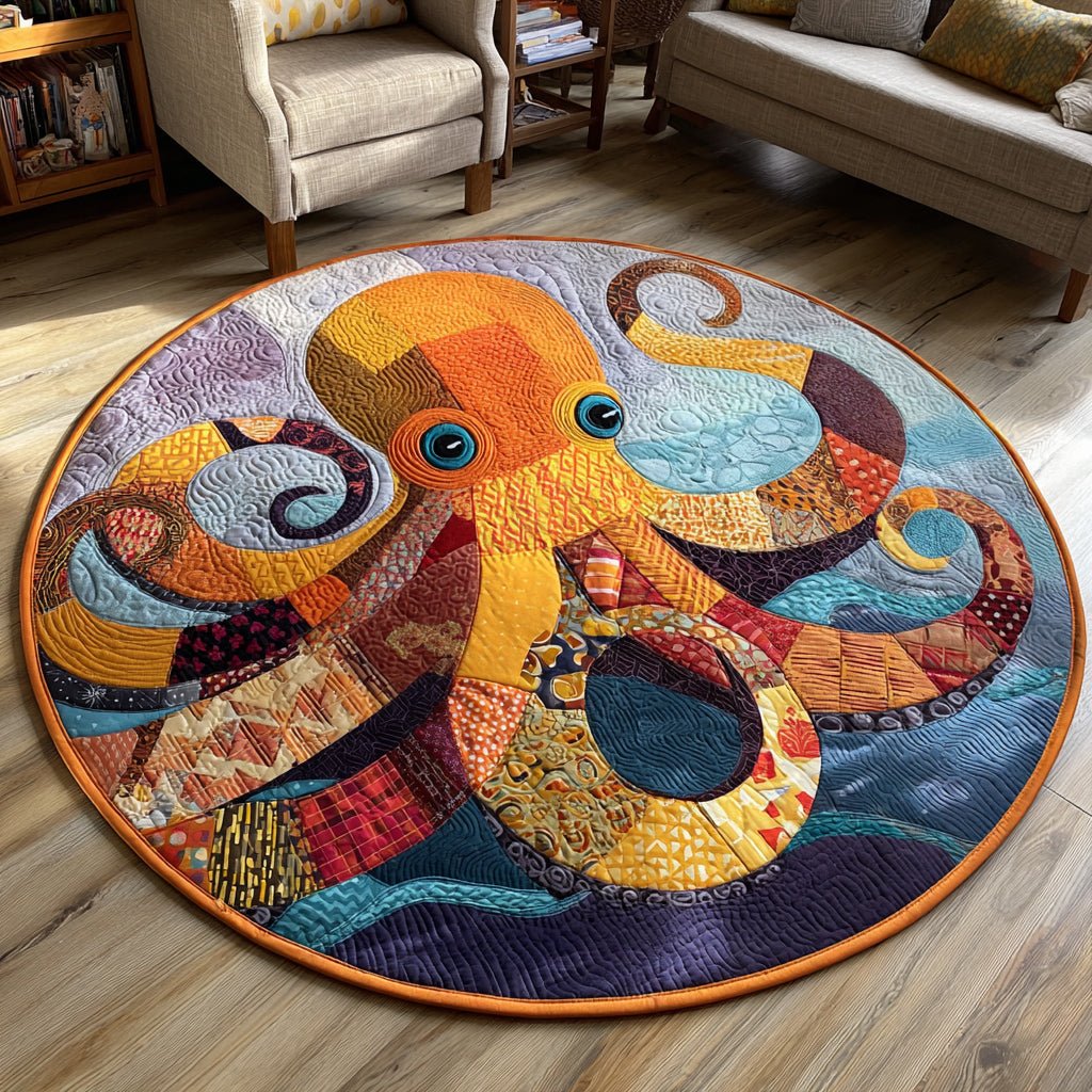 Rustic Octopus Round Mat Rug - washable non-slip printed rug