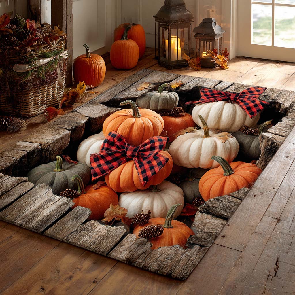 Rustic Plaid Pumpkins area rug in a living room