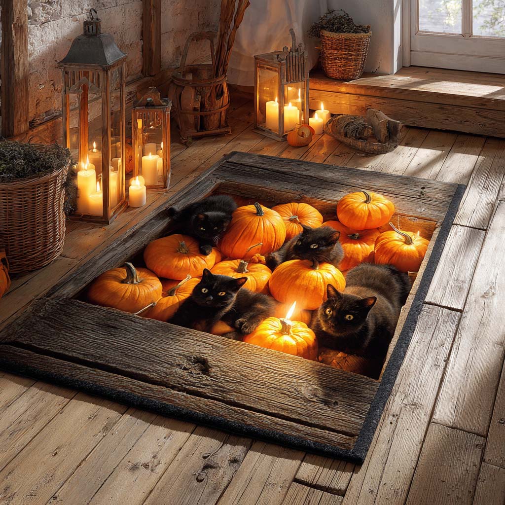Rustic Pumpkin Cats area rug in a living room