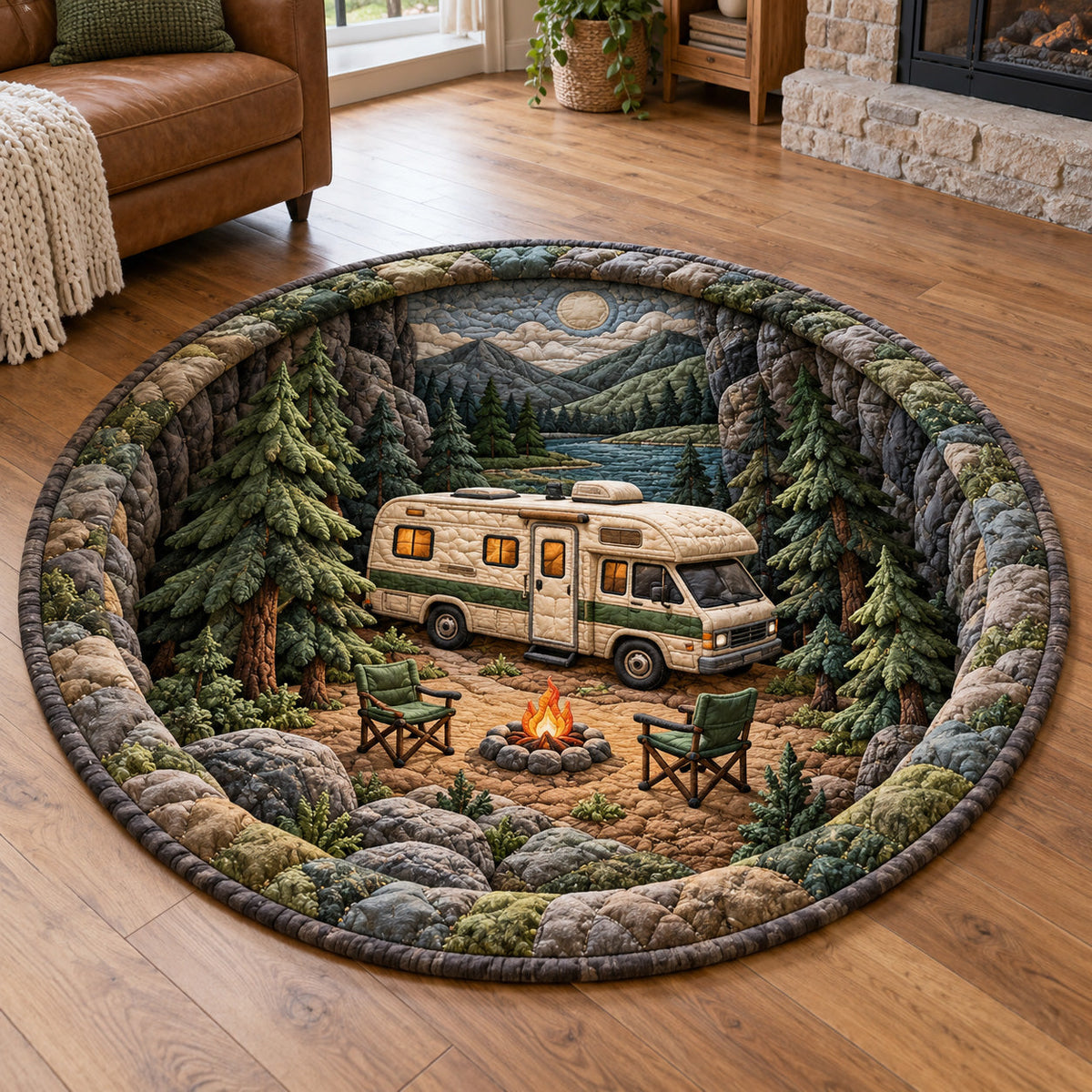 Rustic Roaming Round Mat Rug - Farmhouse Design | Cozy Home Decor - washable non-slip printed rug
