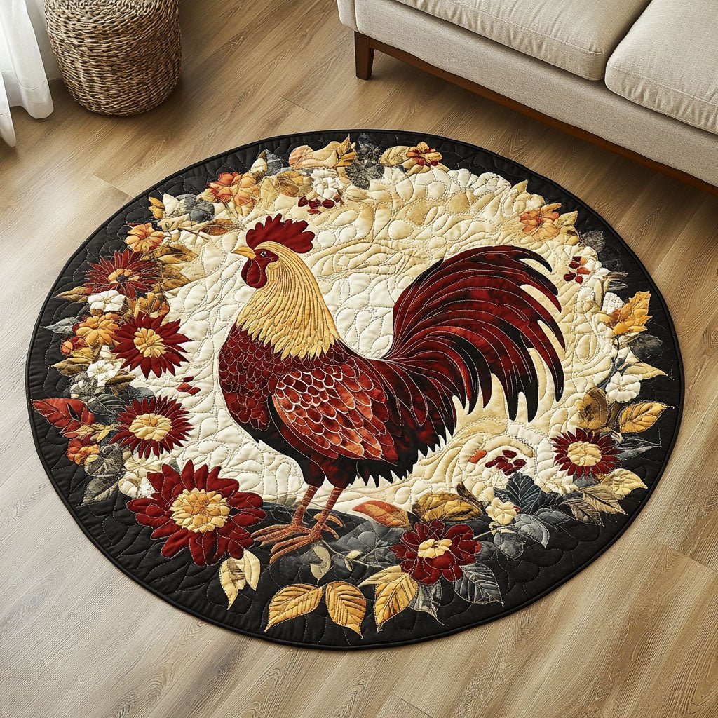 Rustic Rooster Round Round Mat Rug - washable non-slip printed rug
