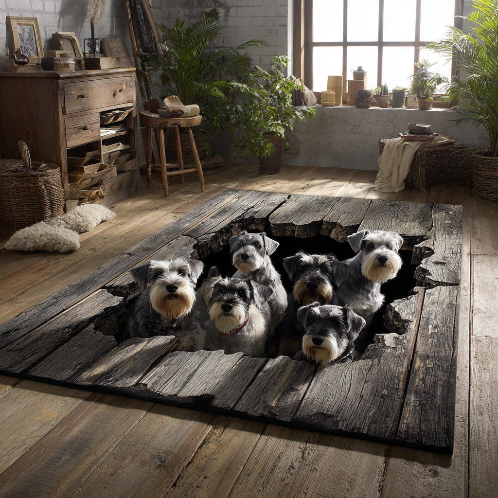 Rustic Schnauzer Feast area rug in a living room