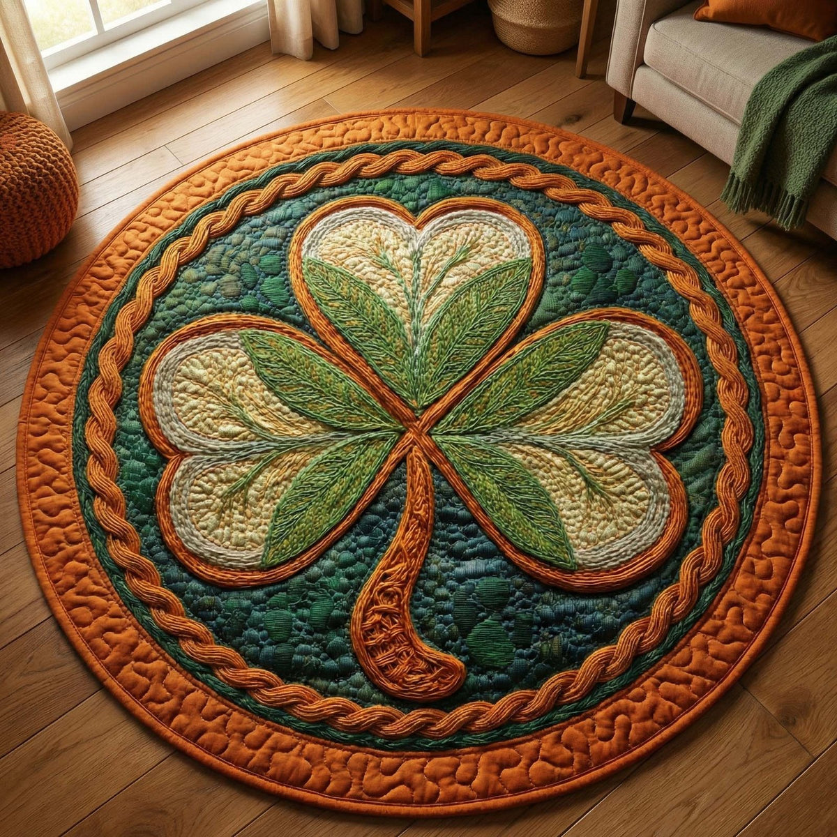 Rustic Shamrock Round Mat Rug - washable non-slip printed rug