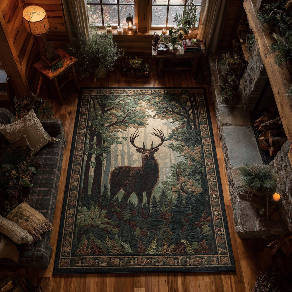 Rustic Stag area rug in a living room