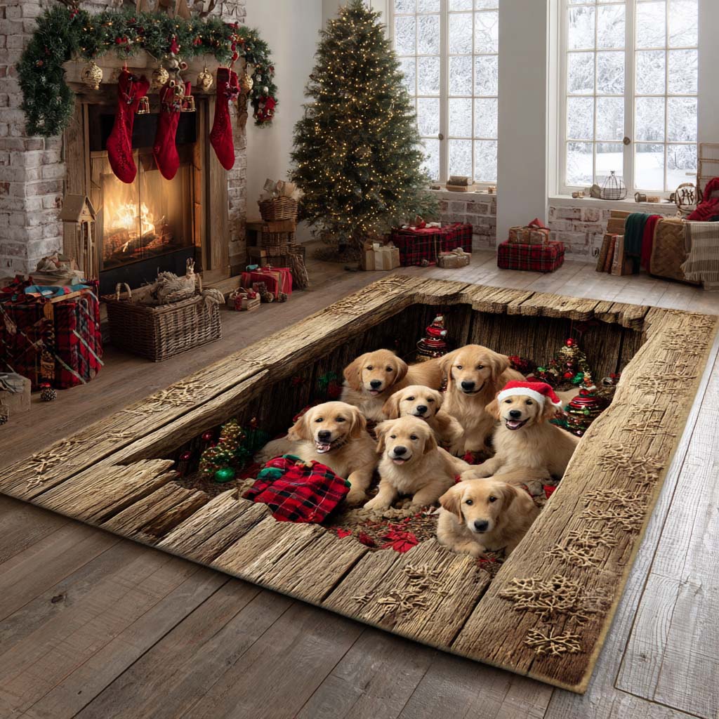 Rustic Yuletide Goldens area rug in a living room