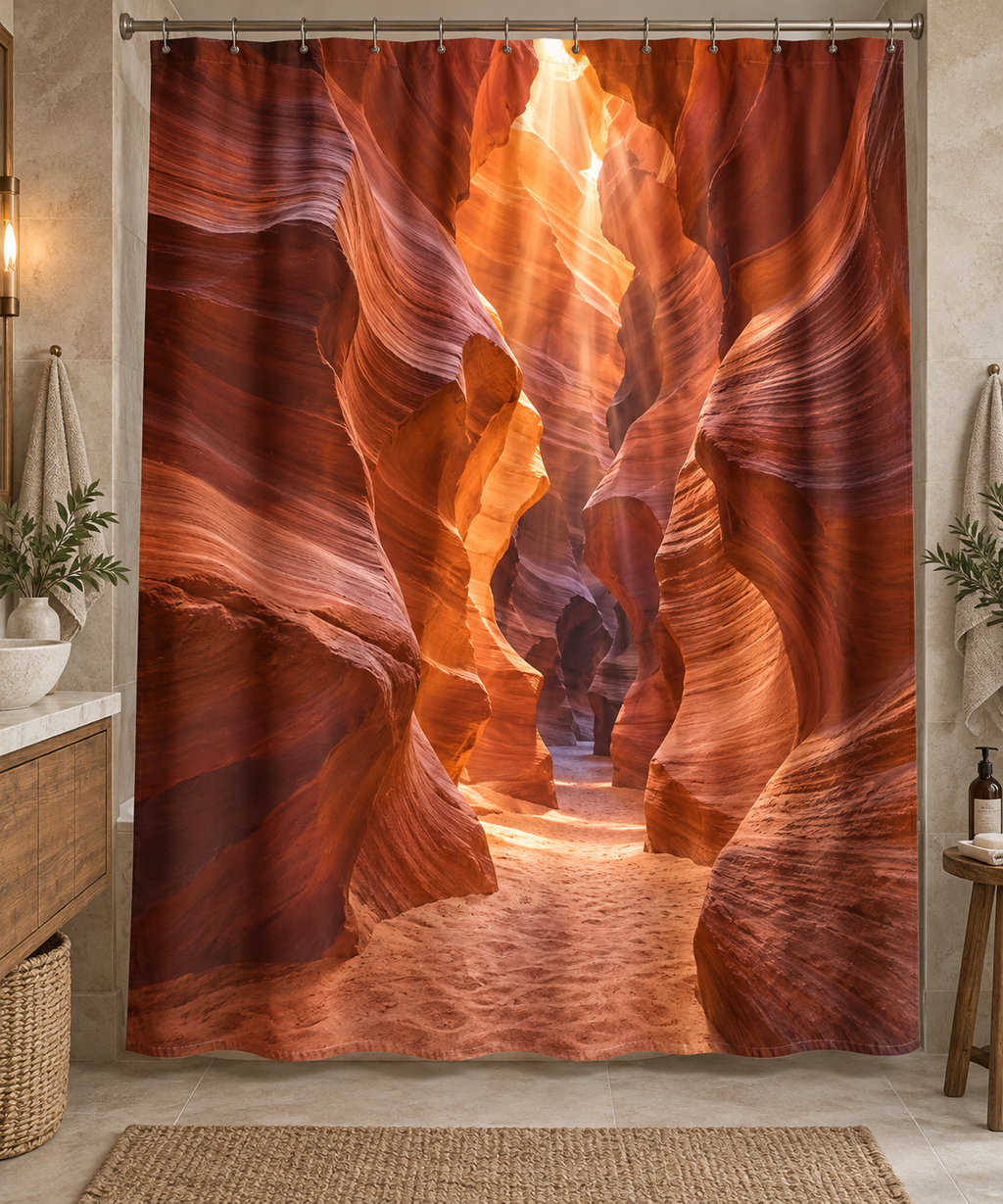 Curved sandstone walls and deep sandy slot passage printed on a complete shower curtain