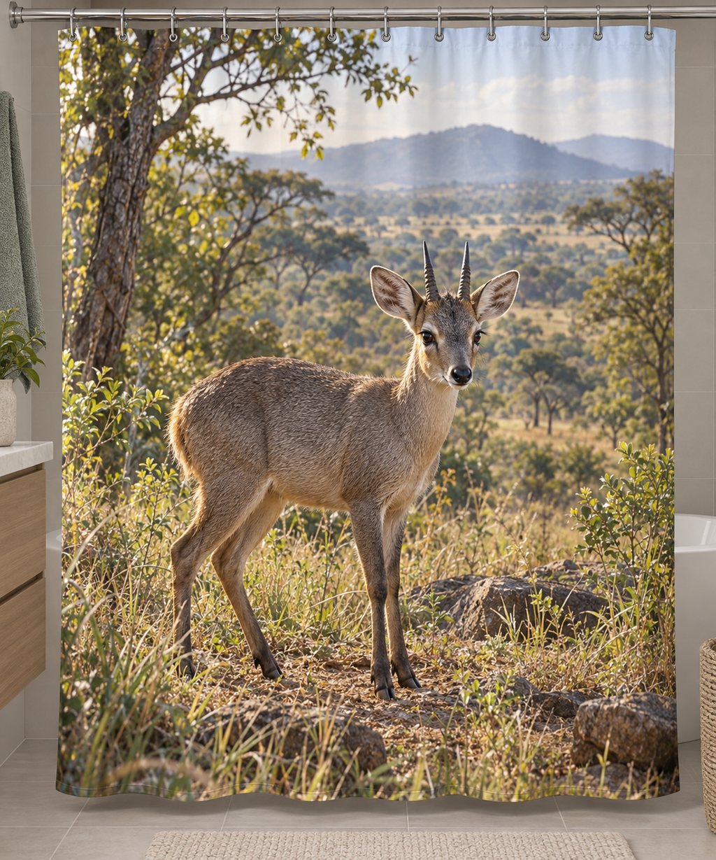 Gray-fawn bush duiker before deep open woodland and savanna hills printed on a complete shower curtain