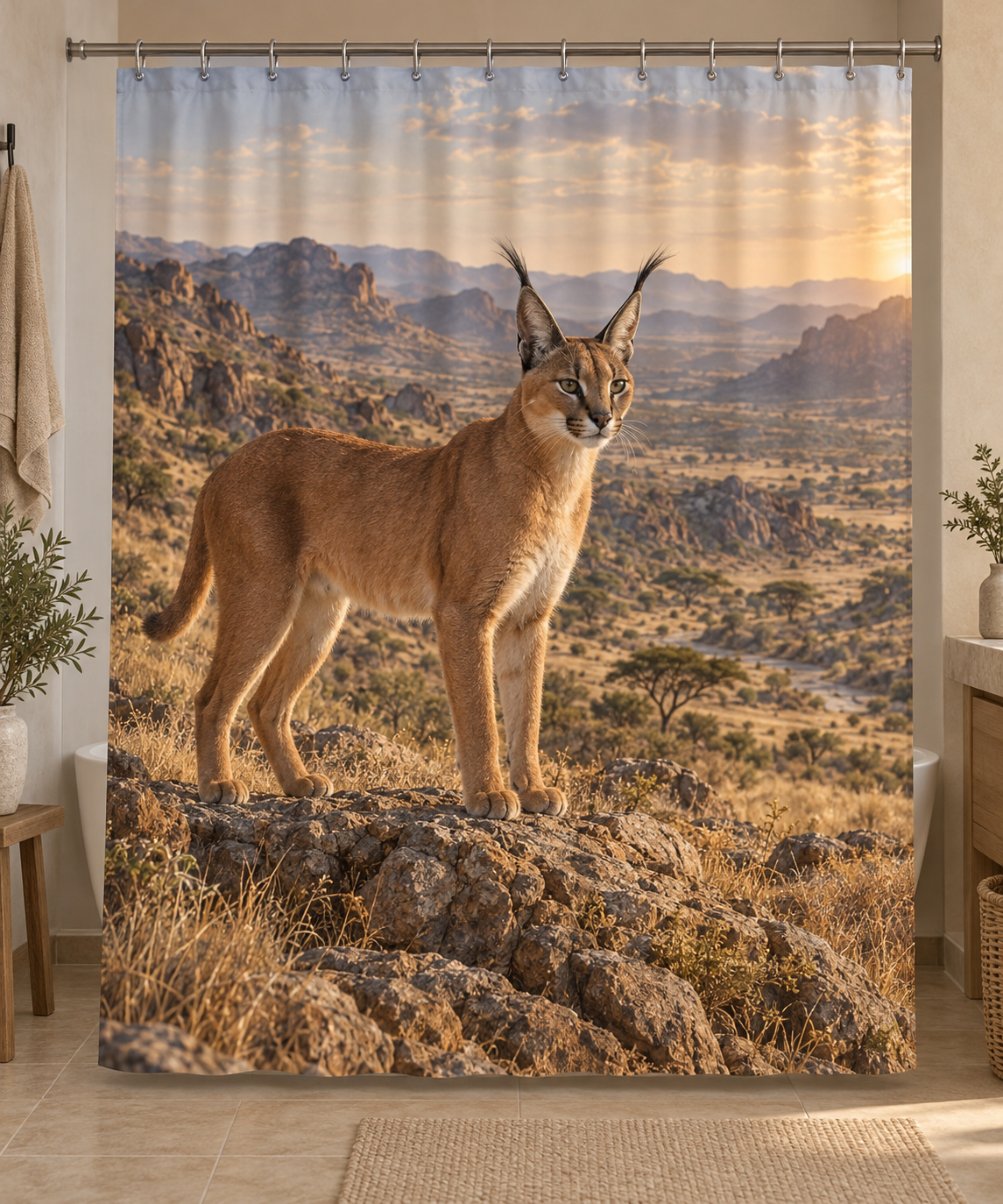 Reddish-gold caracal above a deep rocky savannah printed on a complete shower curtain