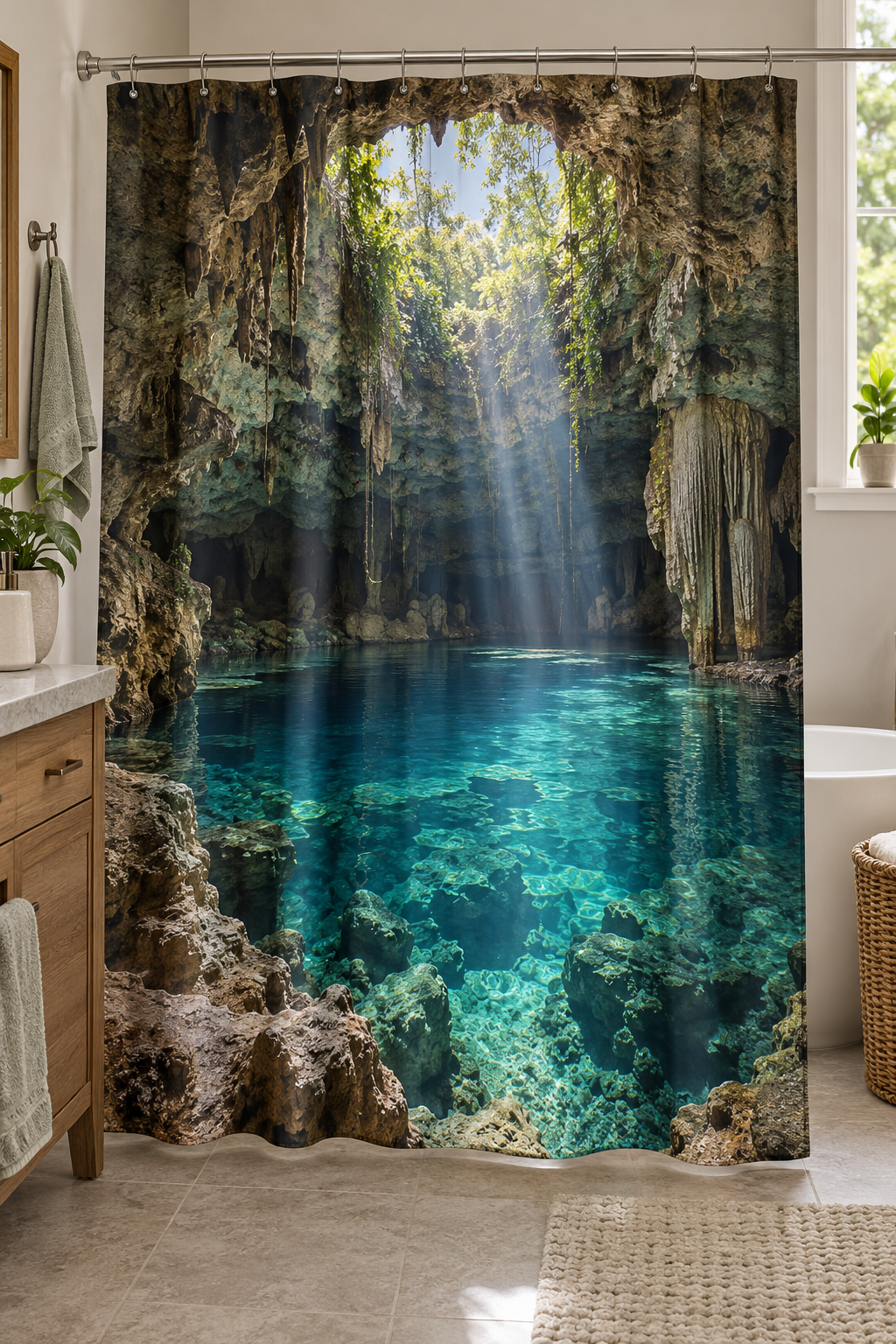 Turquoise cenote-inspired cavern pool with limestone formations hanging roots and roof-opening daylight printed on a complete rectangular shower curtain