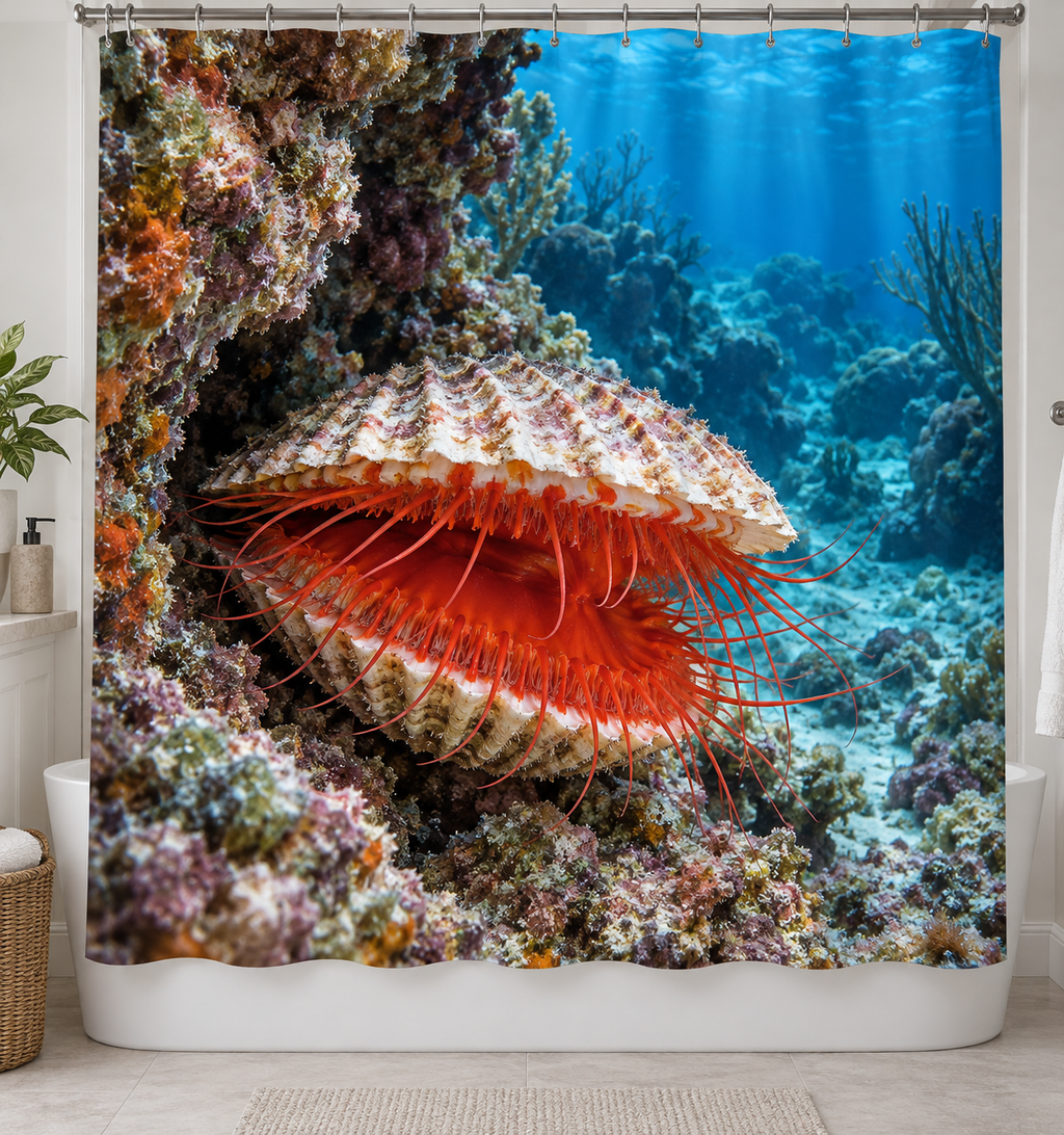 Living flame scallop with pale ridged shell and red mantle tentacles in a rocky blue-water reef printed on a complete rectangular shower curtain