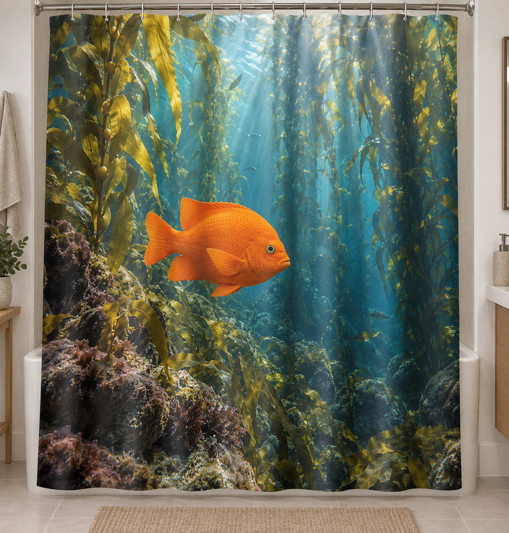 Orange garibaldi fish above a rocky channel in a deep sunlit kelp forest printed on a complete shower curtain