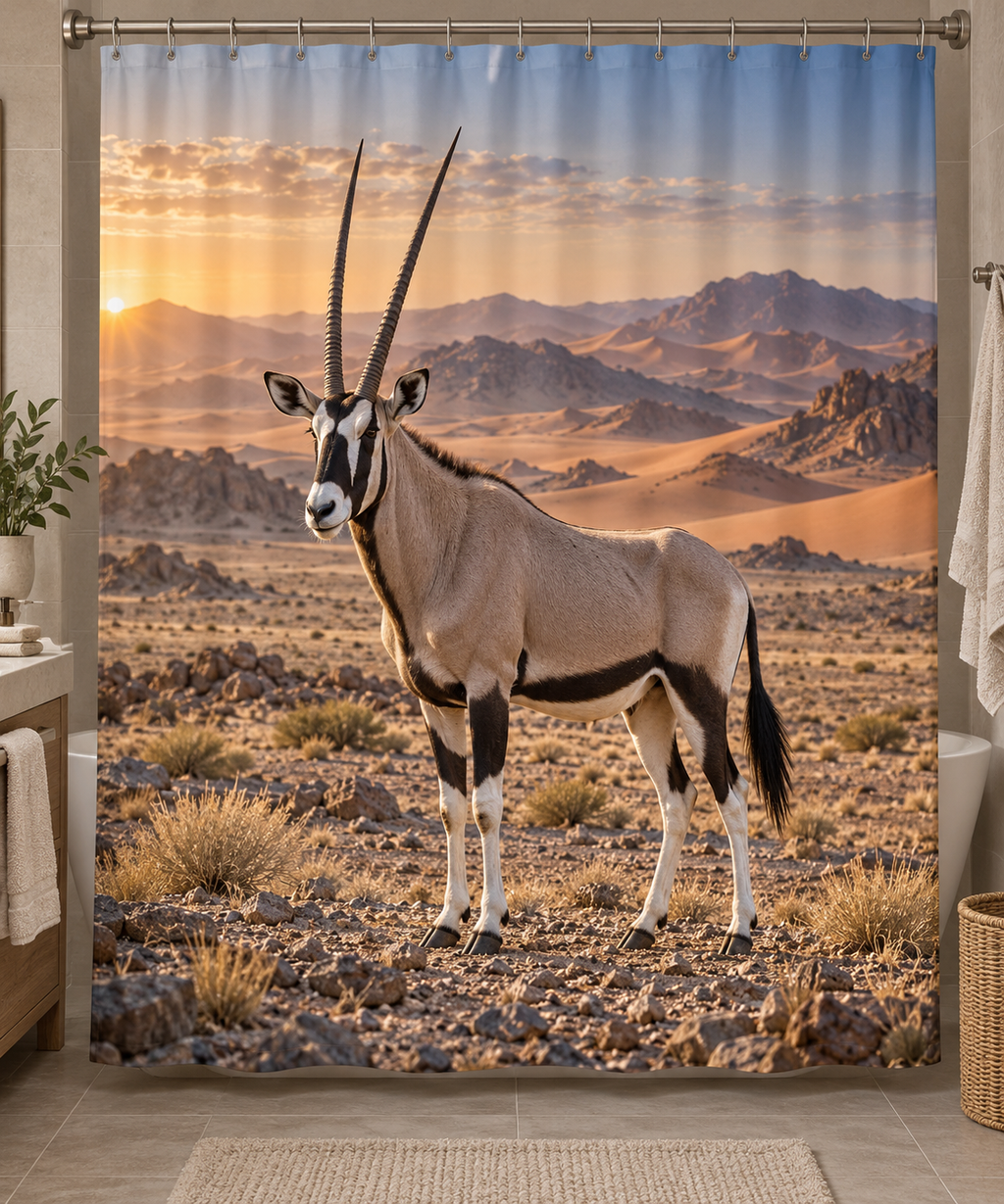 Gray-tan gemsbok before deep dunes and rocky hills printed on a complete shower curtain