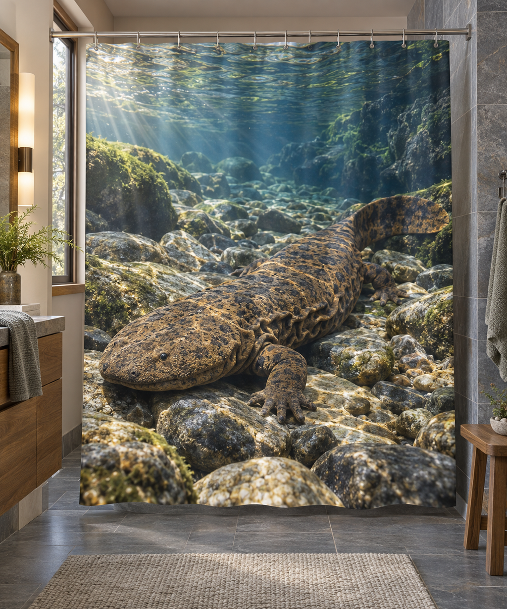 Mottled hellbender resting among rocks in a receding stream printed on a polyester shower curtain
