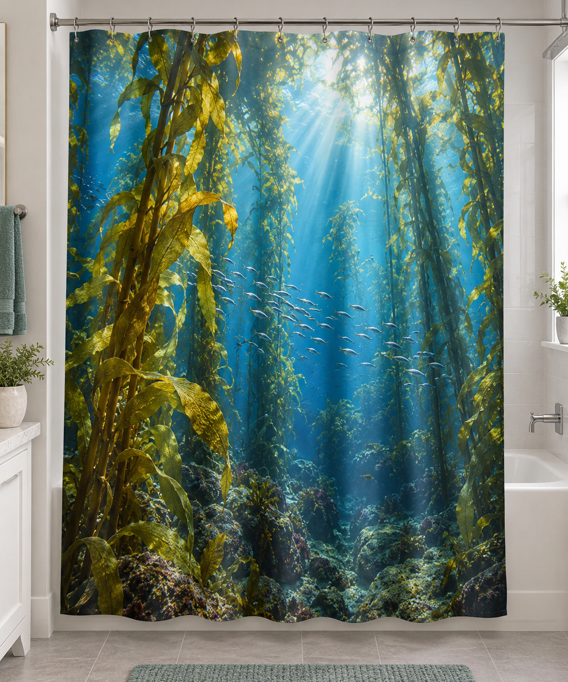 Tall kelp fronds and small fish in a receding blue underwater forest printed on a polyester shower curtain