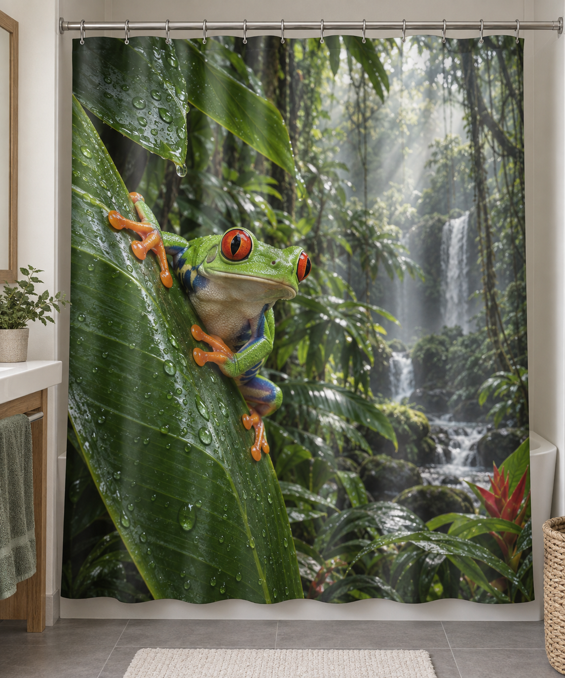 Red-eyed tree frog on a leaf above a receding rainforest waterfall printed on a polyester shower curtain