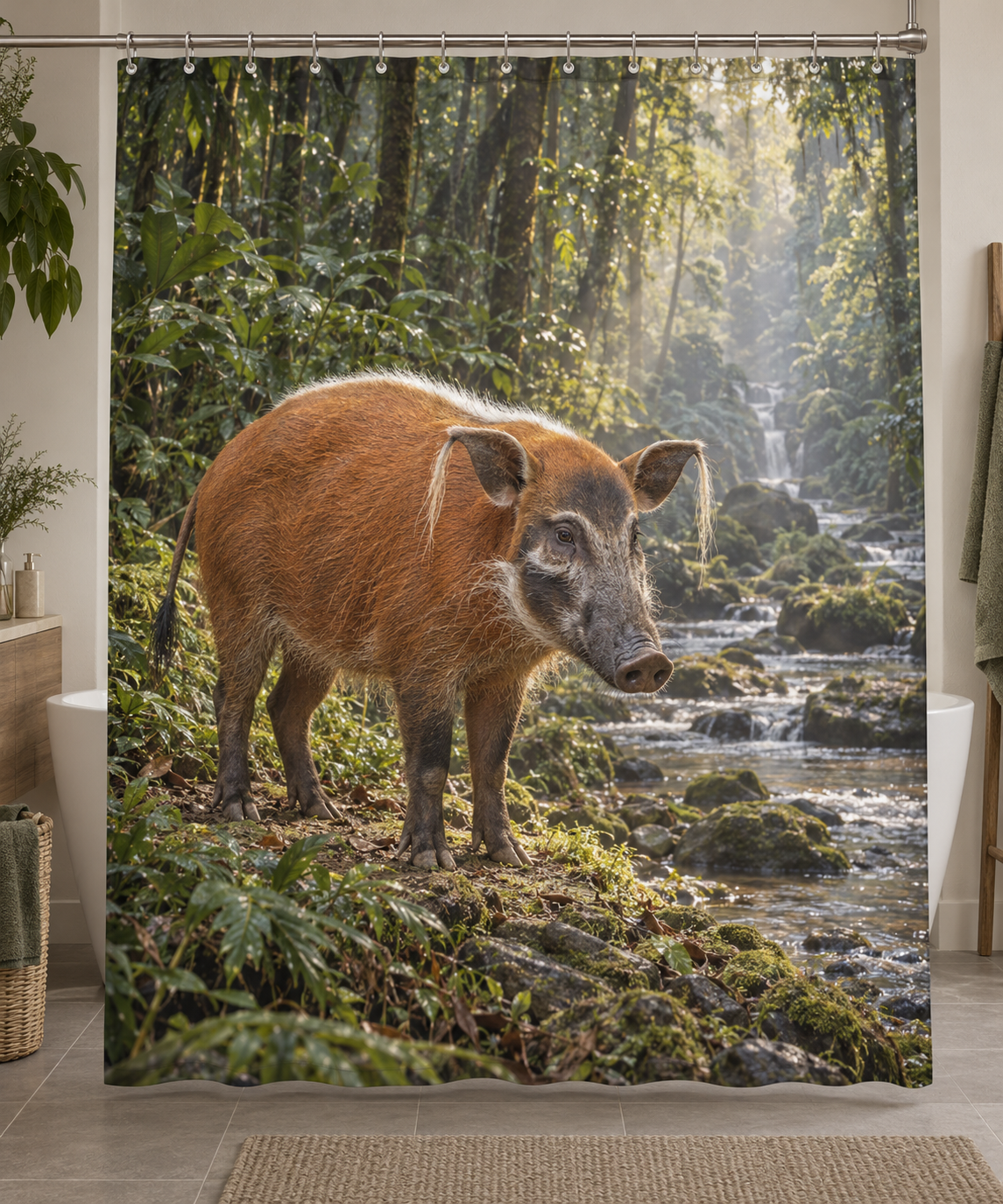 Red river hog beside a deep forest stream printed on a complete shower curtain