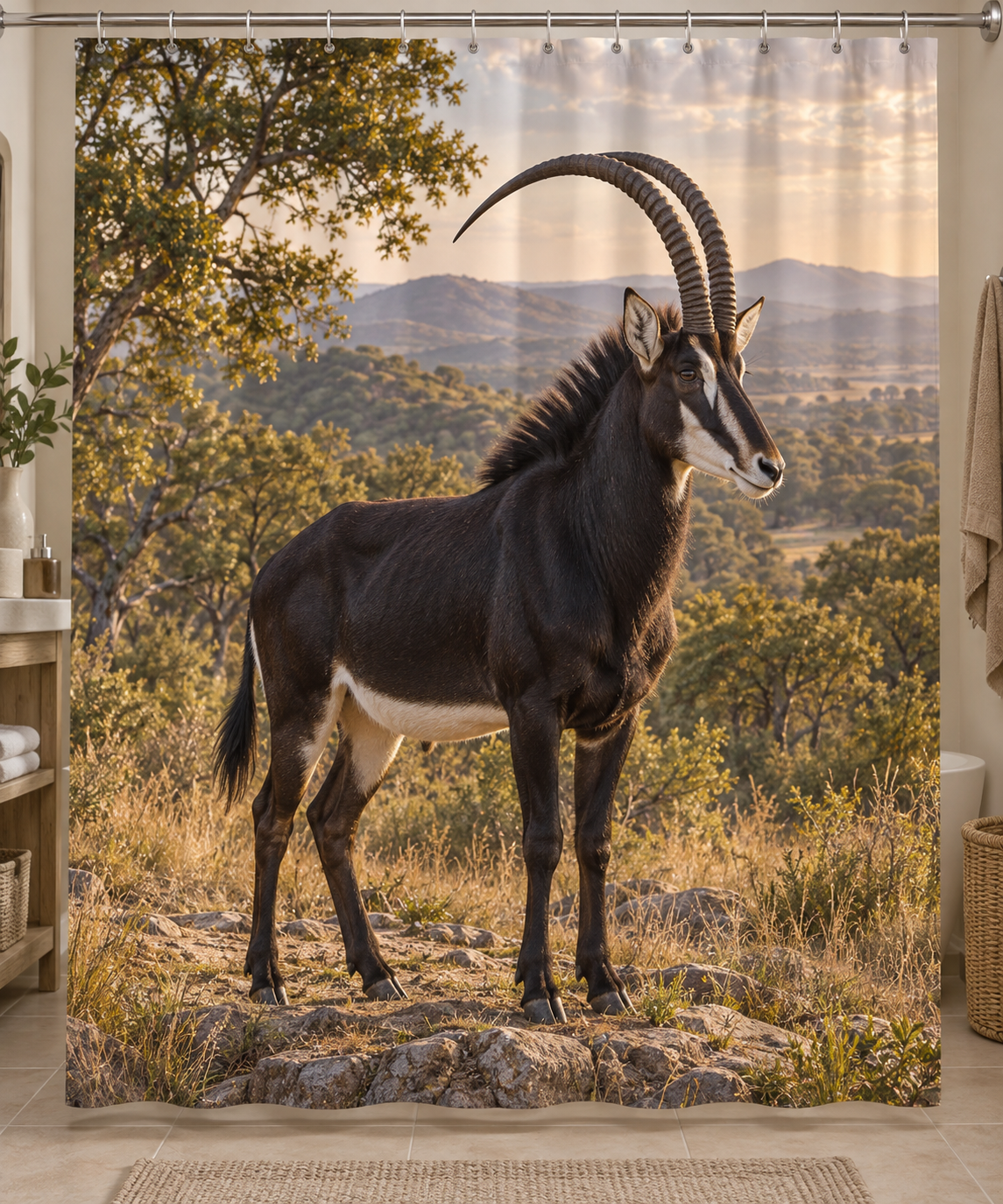 Dark sable antelope above a deep wooded savannah printed on a complete shower curtain
