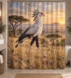 Long-legged secretary bird with feather crest before a receding savanna printed on a polyester shower curtain