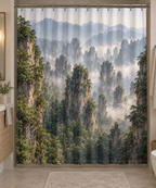 Forested sandstone pillars rising through layered mist printed on a complete shower curtain