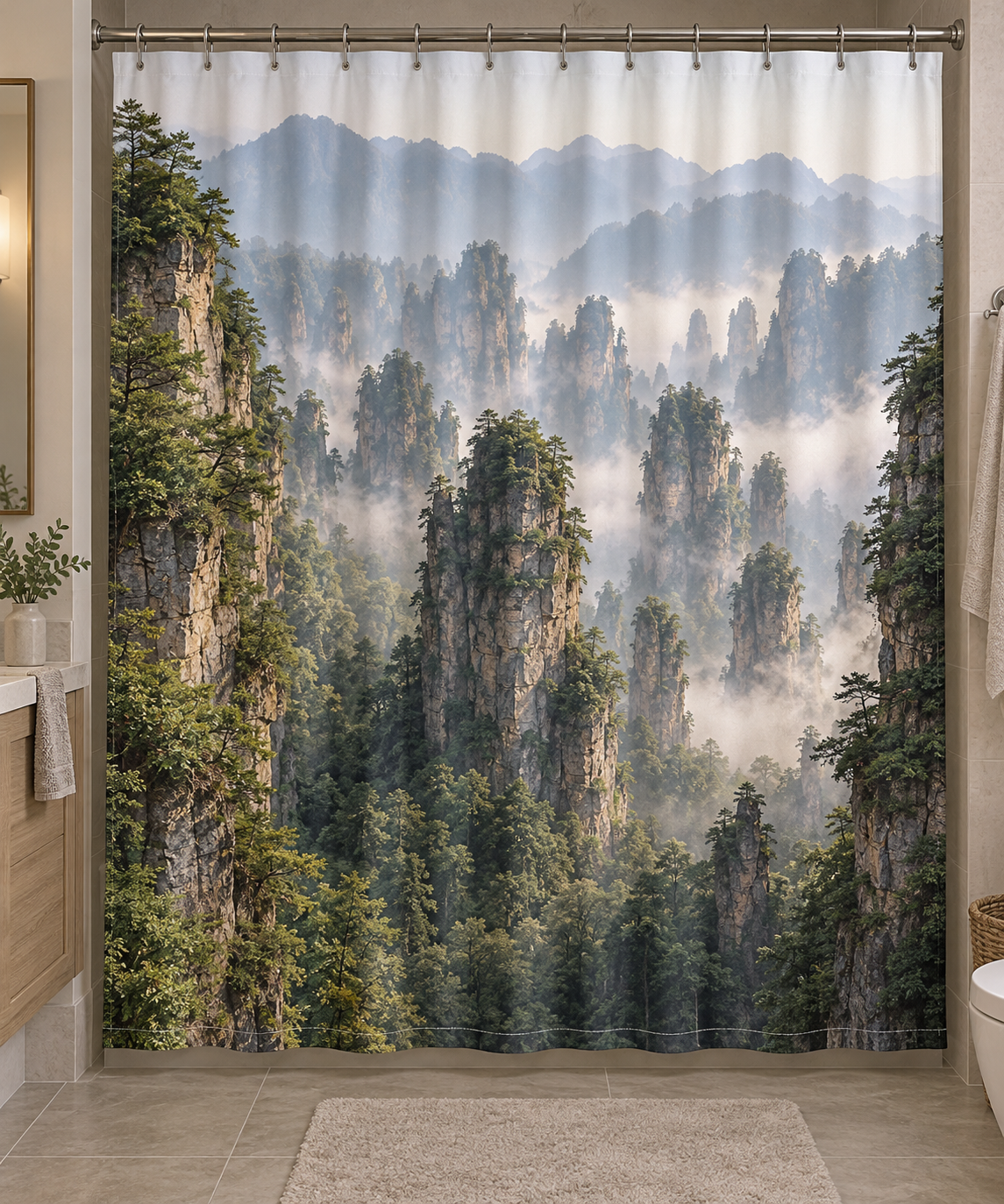 Forested sandstone pillars rising through layered mist printed on a complete shower curtain
