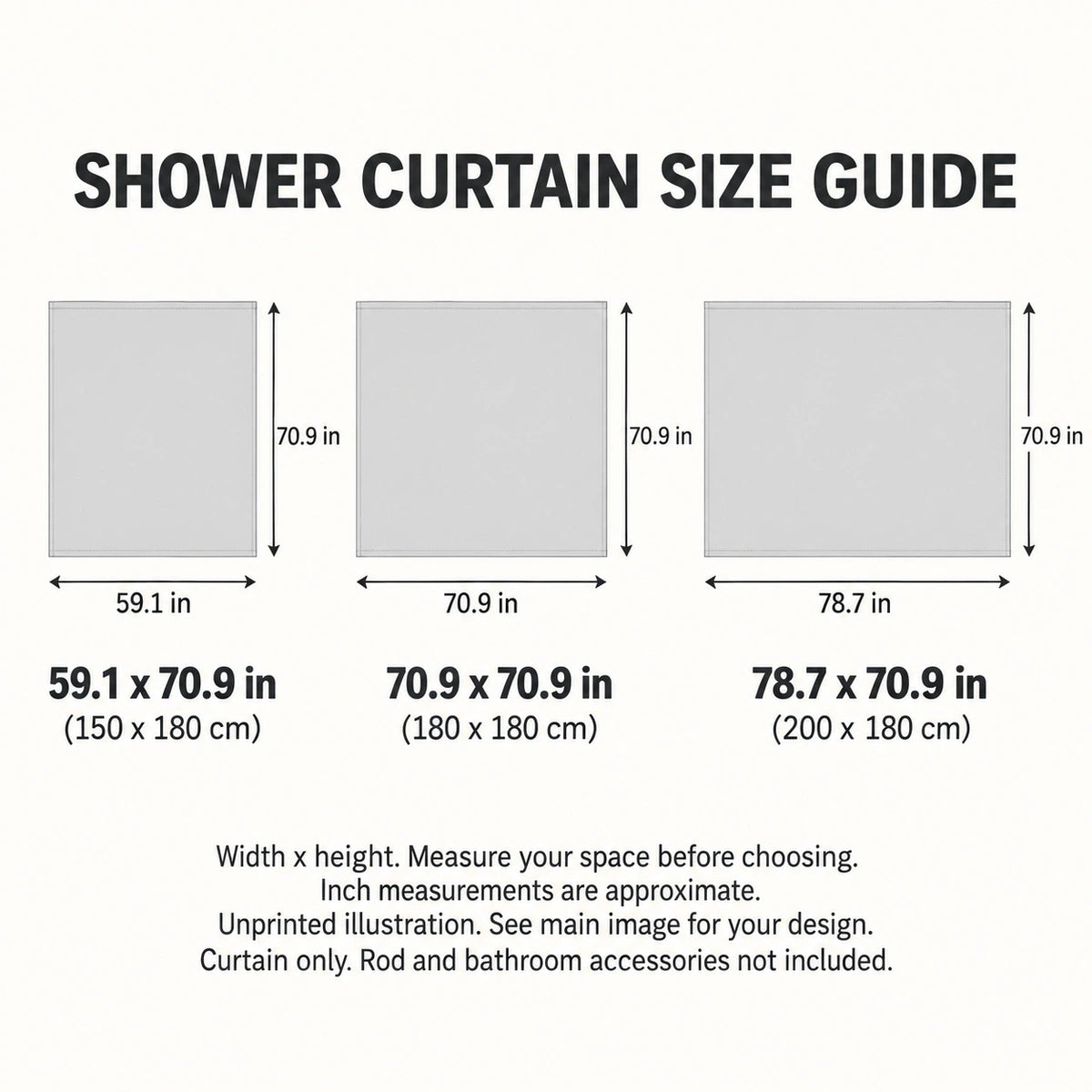 Shower Curtain sizes guide: unprinted illustration; see main image for purchased design