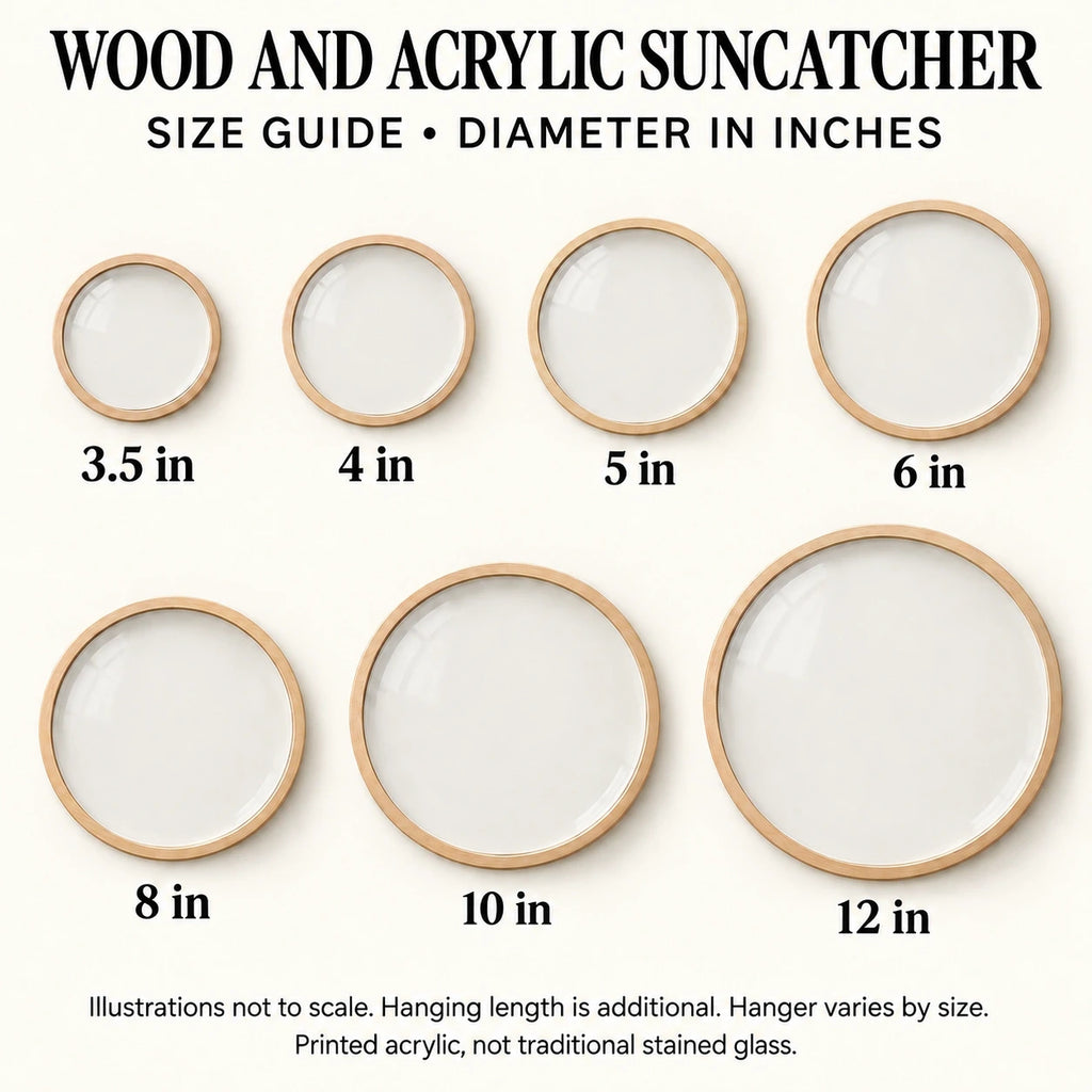 Wood and Acrylic Suncatcher sizes guide: unprinted illustration; see main image for purchased design