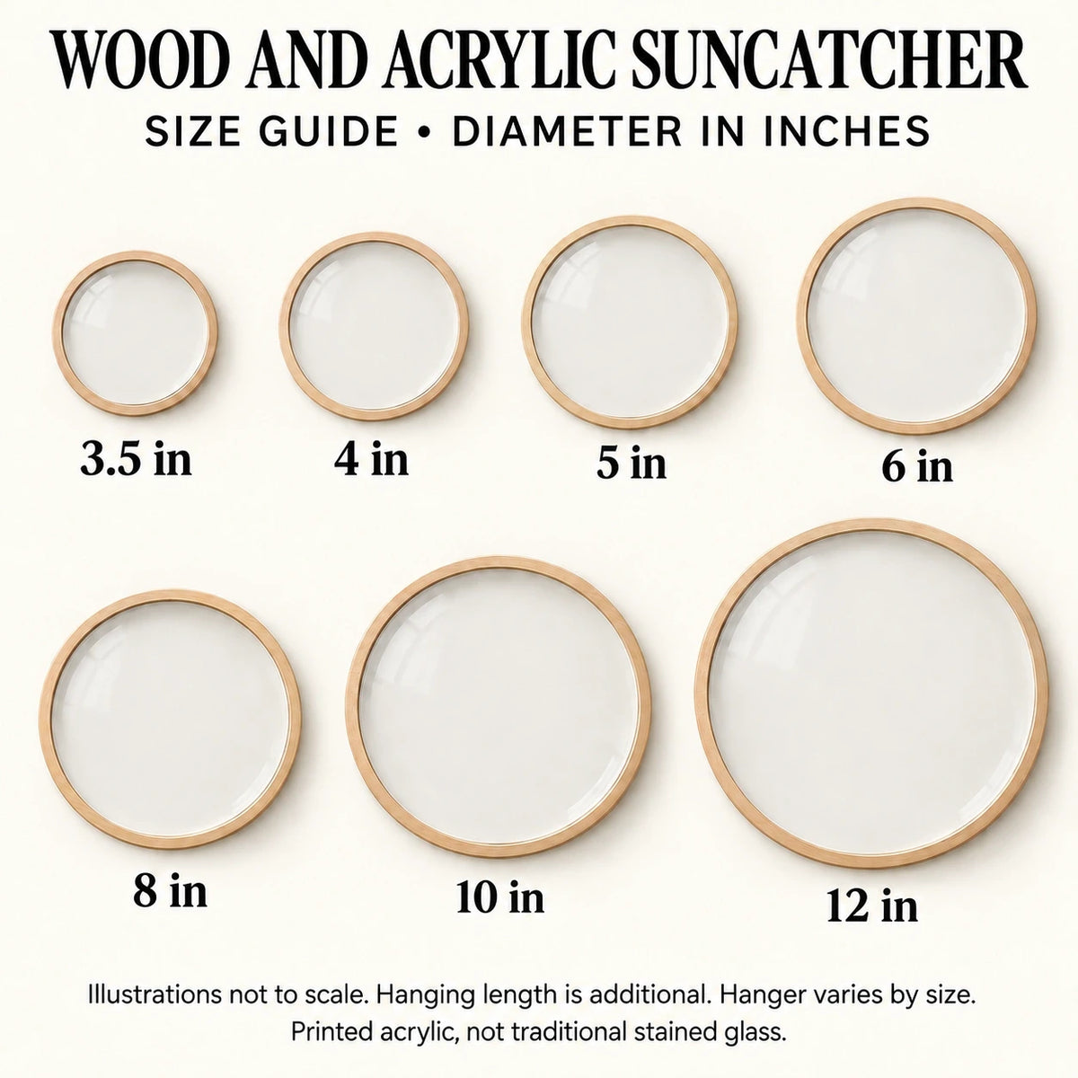 Wood and Acrylic Suncatcher sizes guide: unprinted illustration; see main image for purchased design