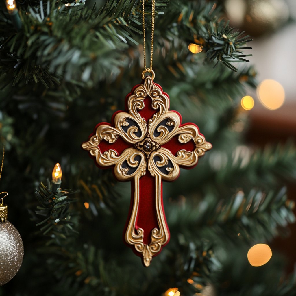 Ornate Gold Red Cross Christmas Ornament