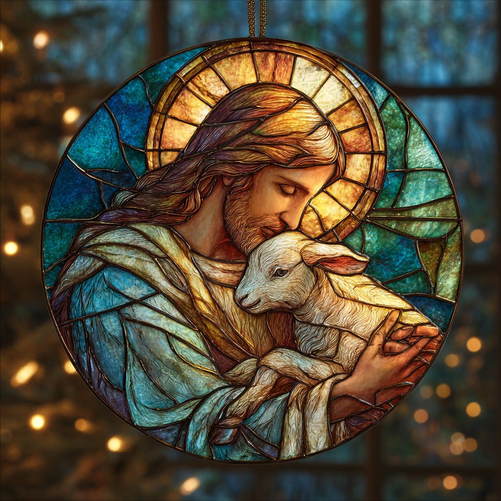 Stained Glass Jesus And Lamb Christmas Ornament