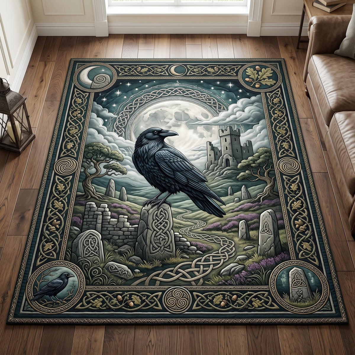Sacred Celtic area rug in a living room