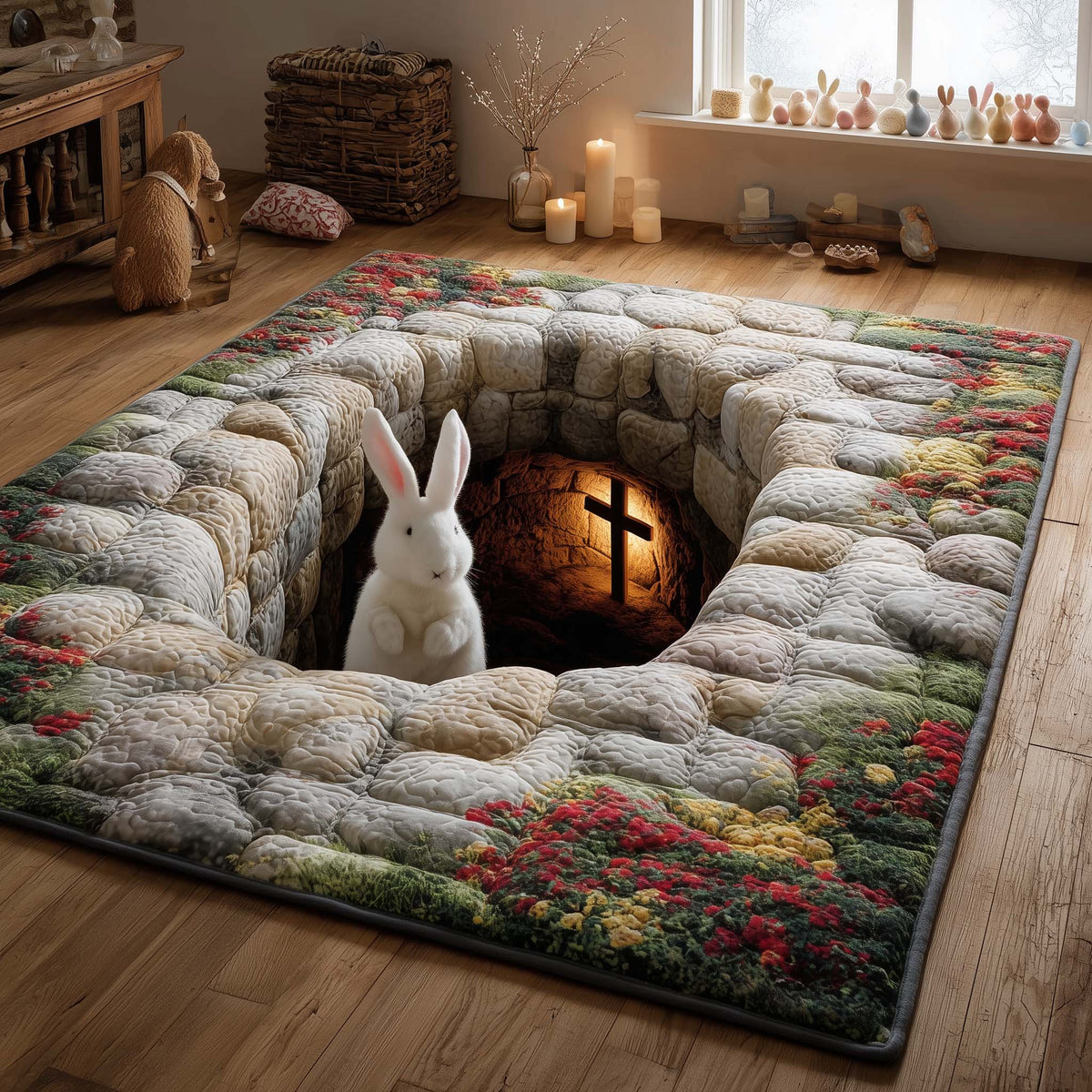 Sacred Easter Burrow area rug in a living room