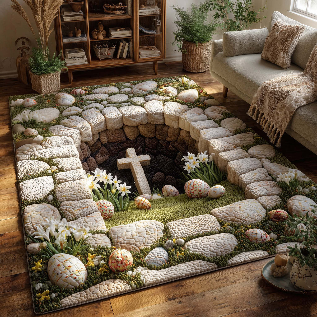 Sacred Easter Garden area rug in a living room