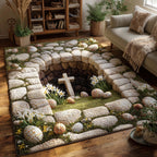 Sacred Easter Garden area rug in a living room