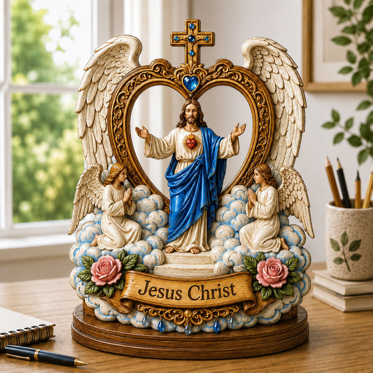 Sacred Heart Jesus wooden block, laser-cut 3-layer wood