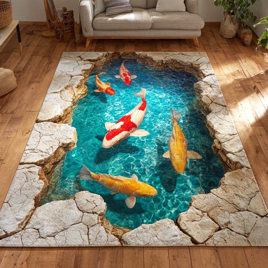 Sacred Koi Spring area rug in a living room