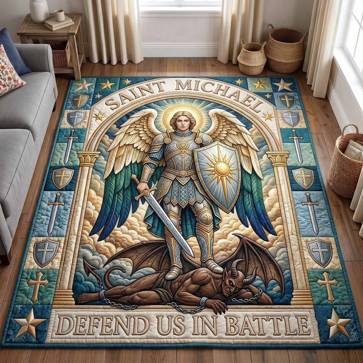 Saint Michael area rug in a living room